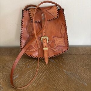 Vintage Handmade Tooled Leather Buckle Crossbody Shoulder Handbag